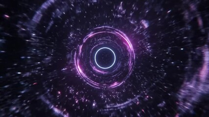 A dark, circular tunnel with concentric glowing purple rings and white outer rings is shown, with light streaks emanating outwards. - Powered by Adobe