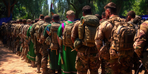 Obraz premium Soldiers in Formation with Backpacks and Rifles