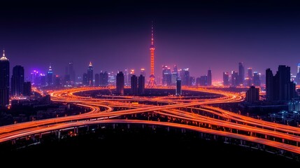 Fototapeta premium Urban highway network at night, illuminated by vehicle lights.
