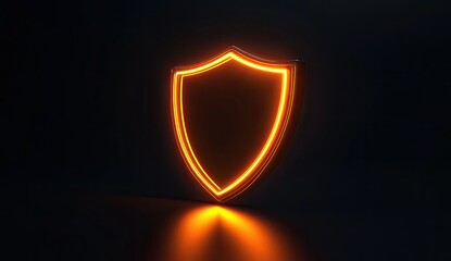 A glowing orange shield on a dark background.  3D render of a  protective symbol.  Illuminated outline