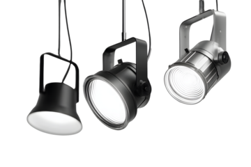 A set of three black studio lights on transparent background