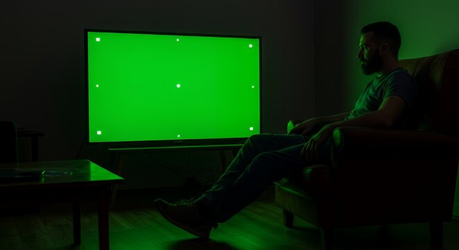 Man relaxes in armchair, engrossed in a vibrant green screen television display in a dimly lit room.