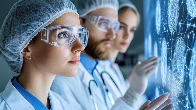 Medical Researchers Analyzing Data on Transparent Digital Screen