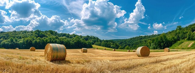 Hay Bales in a Golden Field under a Blue Sky