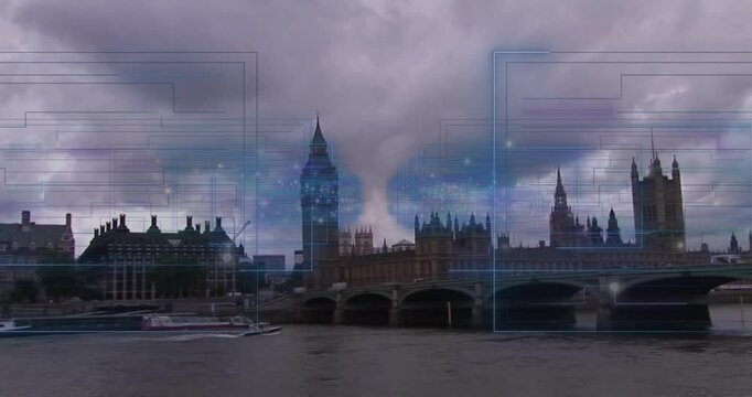 Upon network overlay appearing over London skyline showing connectivity while boat cruising Thames