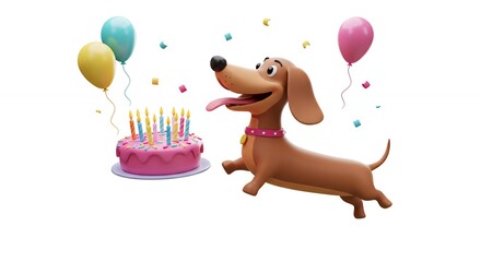 Obraz premium Cartoon dachshund celebrates birthday with cake