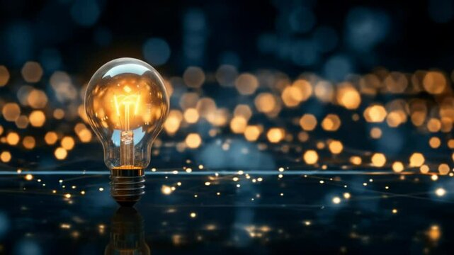 A lit incandescent light bulb stands on a reflective surface against a blurred background of warm-toned bokeh lights.