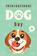 International Dog Day Poster with Cute Puppy and Mint Green Background.