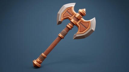 A stylized double-headed axe with intricate designs and a wooden handle.