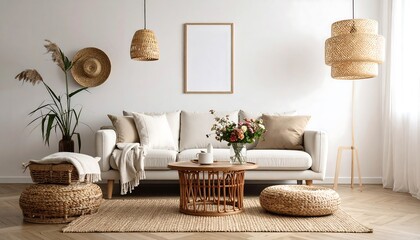 Cozy Bohemian Living Room with Natural Decor with Blank Frame, and Sunlight.