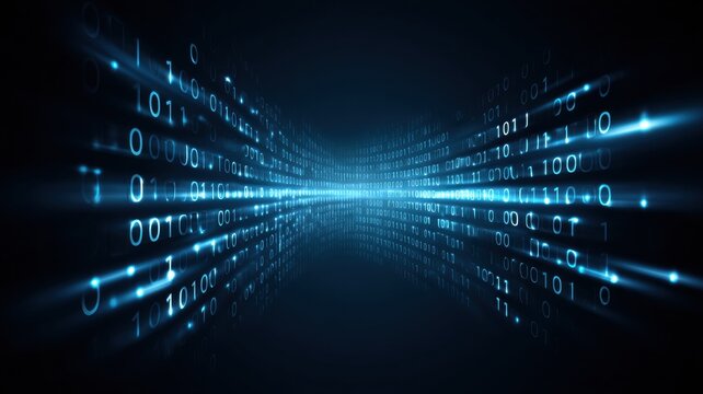 Digital binary code streams creating a futuristic atmosphere of technology and data flow.
