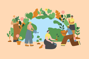 Group of people working together to plant trees and protect the planet