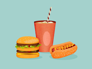 Hot dog, hamburger and soda forming a classic fast food meal