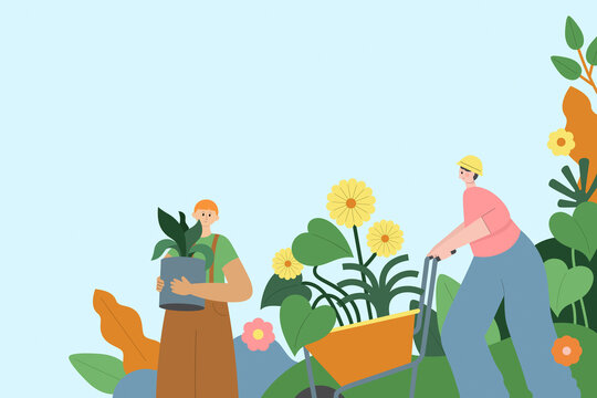 Two gardeners are busy working in a vibrant outdoor of colorful plants