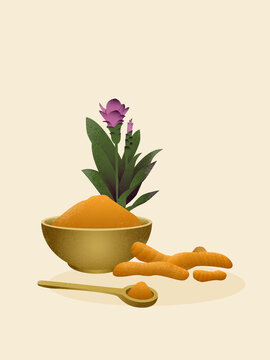 Turmeric rhizomes, powder and flower, promoting healthy eating habits