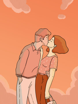 Young couple kissing under a cloudy pastel sky