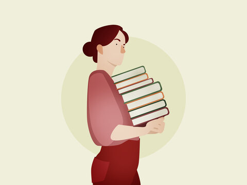 Student carrying stack of books, side view, education concept