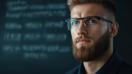 Confident Young Man with Glasses and Beard in Classroom Setting