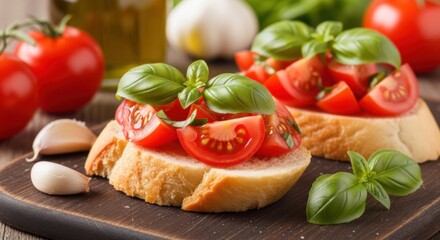 Delicious Italian Bruschetta Appetizer with Fresh Tomatoes and Basil on Crusty Bread