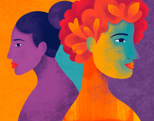 Colorful portrait of two women with artistic features and expressions