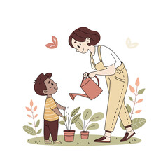 Mother and Son Gardening Together, Planting and Watering Plants