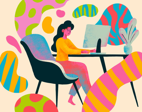 Creative woman working on laptop in colorful abstract environment