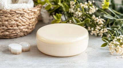 Cream container, situated on a light gray surface.