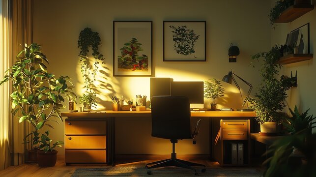 Home office setup with plants desk computer chair and warm lighting for productivity and focus design
