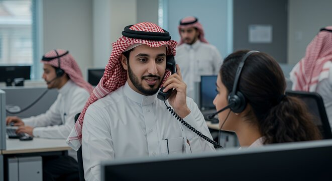 Collaborative Teamwork in a Modern Call Center, showcasing diverse professionals working together efficiently.