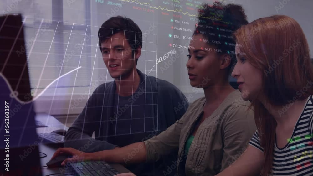 Poster finance team responding to translucent graph overlay and evaluating percentage metrics in workspace