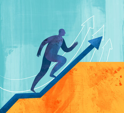 Person climbing a graph showing upward progress in business