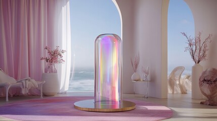 A translucent, iridescent column in a light pink room with a coastal view.