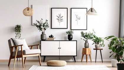 Cozy Living Room Interior with Modern Furniture with Plants  Scandinavian Design.
