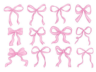 Hand Drawn Pink Ribbon Bow Collection. A charming collection of twelve hand drawn pink ribbon bows in various shapes including loose loops wavy tails folds and minimal silhouettes in sketch style