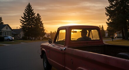 Golden sunset silhouettes a man driving his vintage pickup truck down a quiet residential street, bathed in warm evening light.
