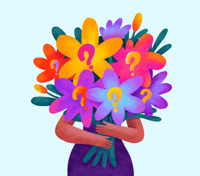 Colorful bouquet of flowers with question marks in a creative design