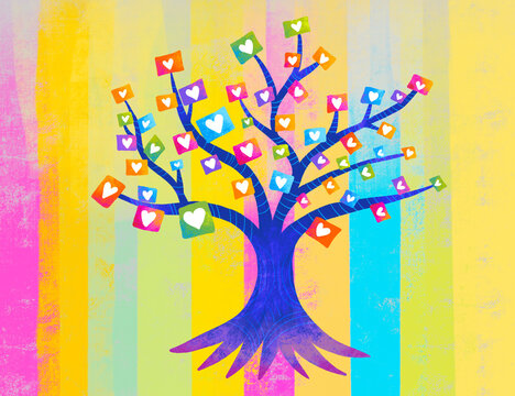 Colorful tree with heart shapes representing community and love