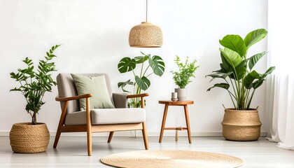 Fototapeta premium Cozy living room with armchair with indoor plants, lamp rug, and bright airy interior.