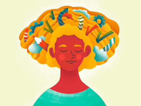 Creative mind visualized with colorful ideas and symbols
