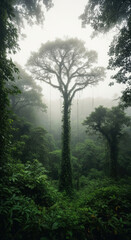 Obraz premium A tall tree covered in vines in a foggy forest with dense green foliage and other trees around it
