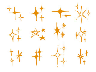 Hand Drawn Sparkle Icon Collection. A creative collection of 12 hand drawn orange sparkle icons in various starburst and twinkle styles featuring outlines and radiant shapes for dynamic decorative