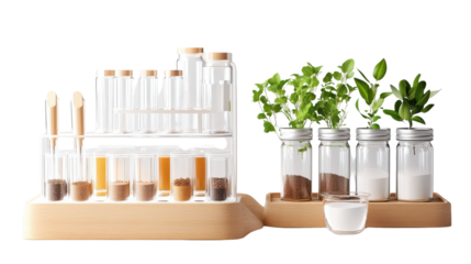 Laboratory test tubes with herbs in containers on wooden base showcasing natural ingredients and experimentation
