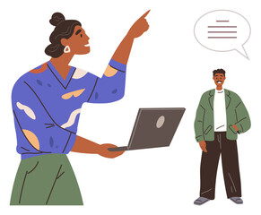 Woman holding a laptop, pointing upward while discussing with a standing man, expressing ideas. Ideal for teamwork, communication, discussion, collaboration, brainstorming, education presentations