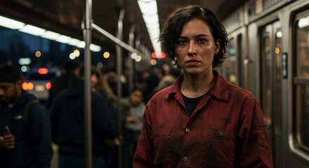 Pensive young woman with short dark hair stands on a car, lost in thought amidst the city's blurred lights.