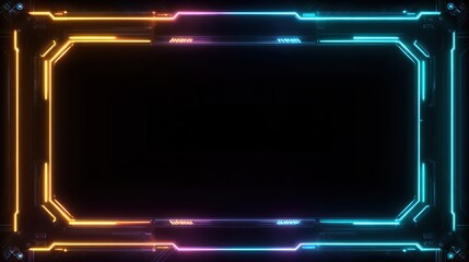 Neon-lit, glowing, futuristic frame on black background
