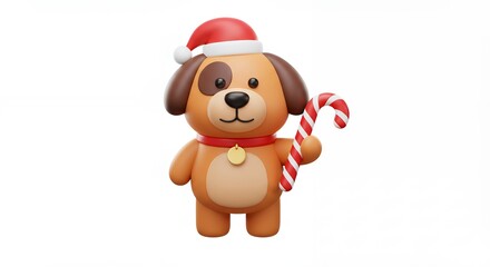 Naklejka premium Cute cartoon dog with christmas hat and candy cane