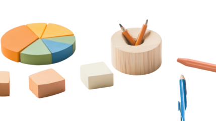 Colorful geometric shapes and office supplies on a clean desk for creative work and education purposes