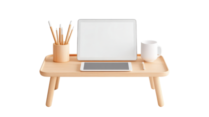 Minimalist Workspace with Tablet, Notepad, Coffee Mug, and Pencil Holder on Wooden Desk