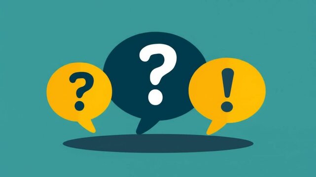 Three speech bubbles, one dark blue with a question mark, two yellow with a question mark and exclamation mark, appear against a teal background.