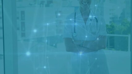 Doctor watching grid forming pulsing network highlighting stethoscope for digital health connection - Powered by Adobe